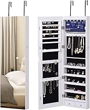 HOMCOM Jewellery Cabinet, Jewellery Mirror, Jewellery Storage with LED, Multi-Storage, Lockable, Door or Wall – 37 x 10 x 120 cm, Grey Wood Effect