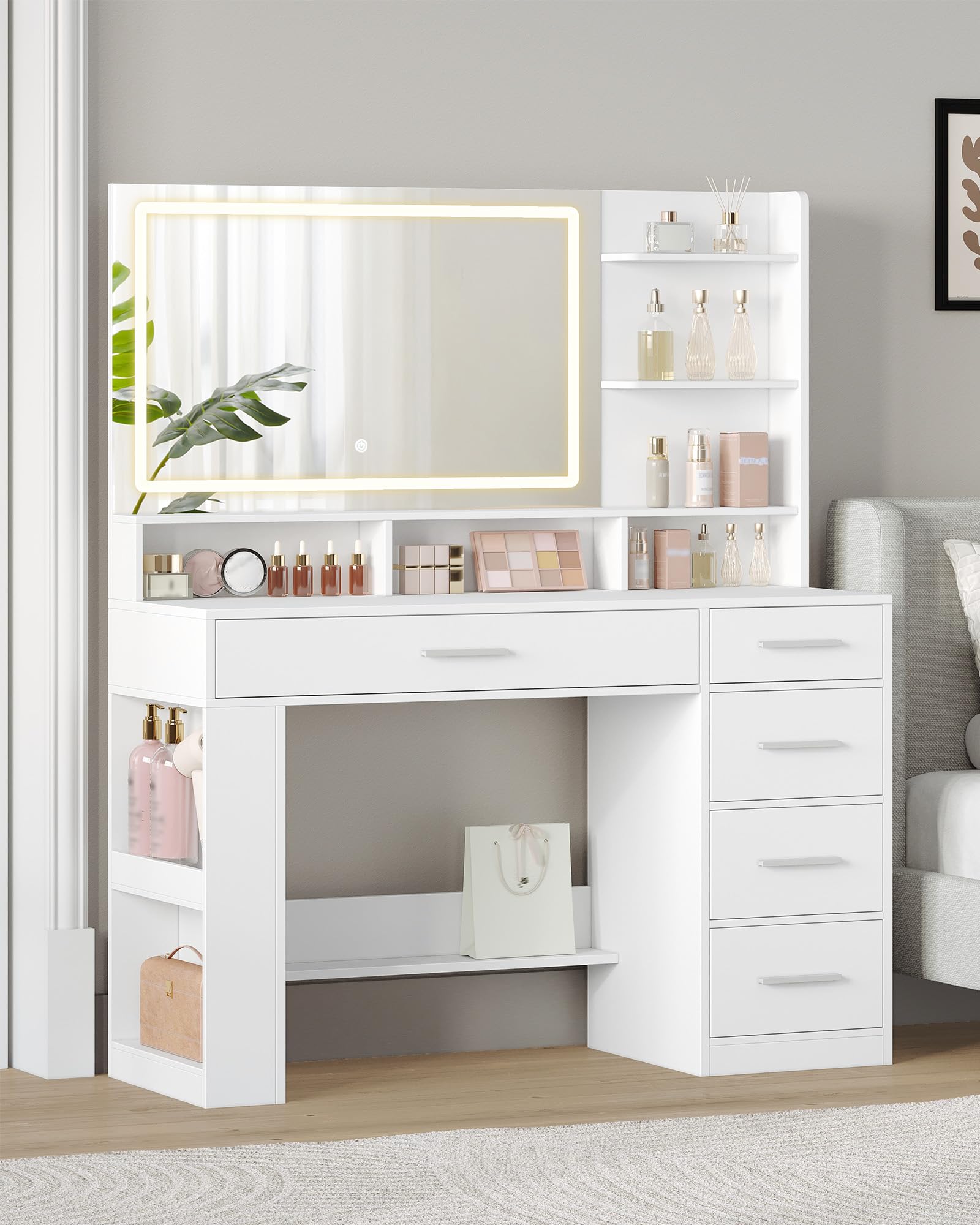 Hzuaneri Coiffeuse avec HD Miroir,Coiffeuse avec éclairage LED, 6 Compartiments Ouverts, 5 Tiroirs et Rangements Latéraux. Moderne, Blanc DT44003XEU
