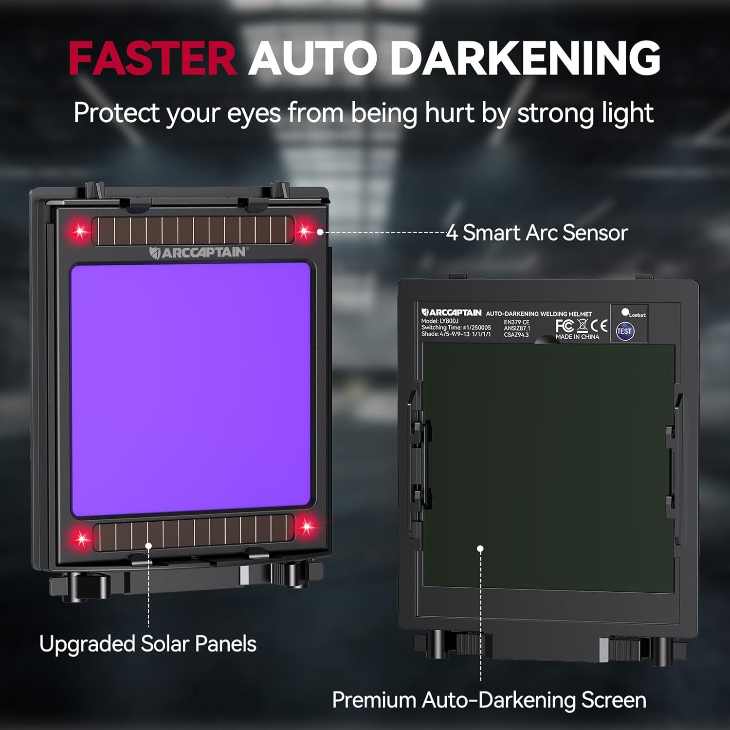 ARCCAPTAIN Auto Darkening Welding Helmet with Side View, 180° Panoramic View, 1/1/1/1 True Color Large Viewing Welding Hood with 4 Arc Sensor Solar Powered, Wide Shade 4/5-9/9-13 for TIG MIG ARC CUT - Image 5