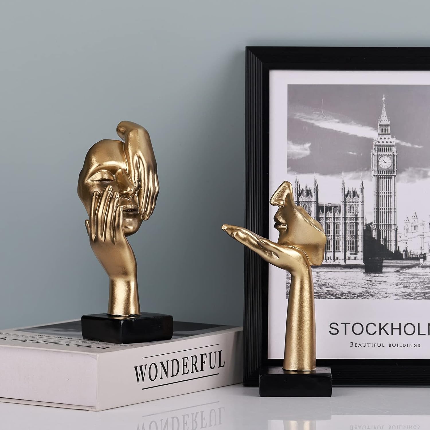6.5" H Black Gold Art Thinker Figurines 2 PCS, Abstract Small Statues Home Accent Decor for Shelf, Office Desk, Living Room, Knick Knacks Decorations for Shelves (2 Pcs Gold) - Image 9