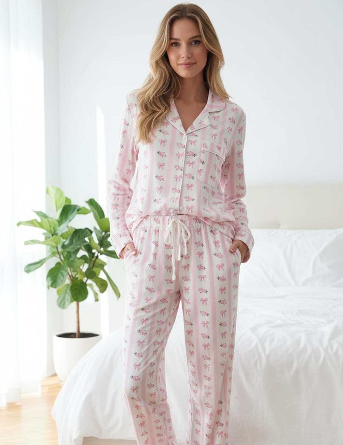 Womens 2 Piece Cute Pajama Sets Bow Button Long Sleeve Pjs Wide Leg Pants with Pocket Casual Loungewear - Image 5
