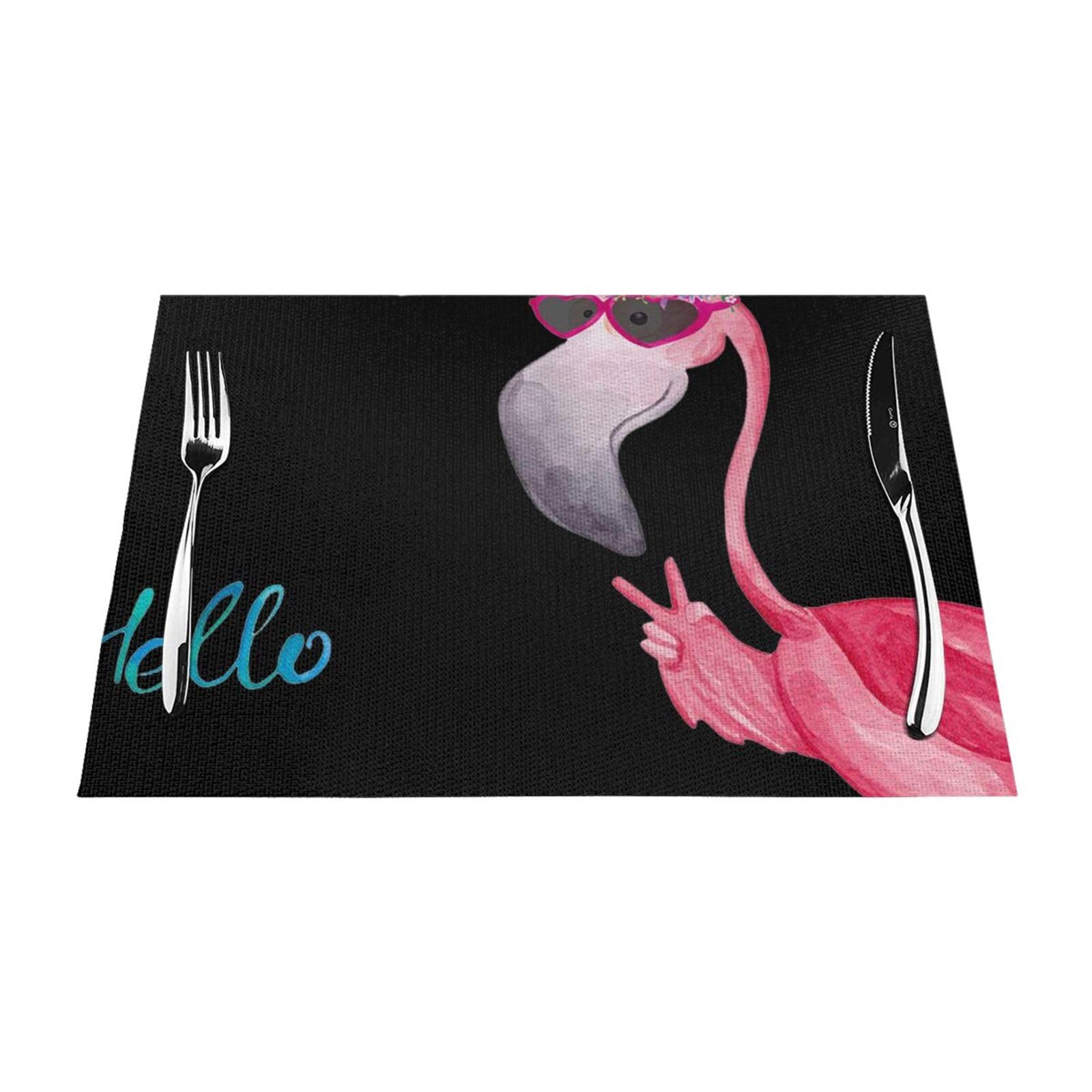 PVC Placemat Set of 6 PCS, 45x30 CM, Hello Glasses Flamingo Printed Non-Slip Heat Resistant Place Mats for Kitchen Dining Table Indoor Outdoor