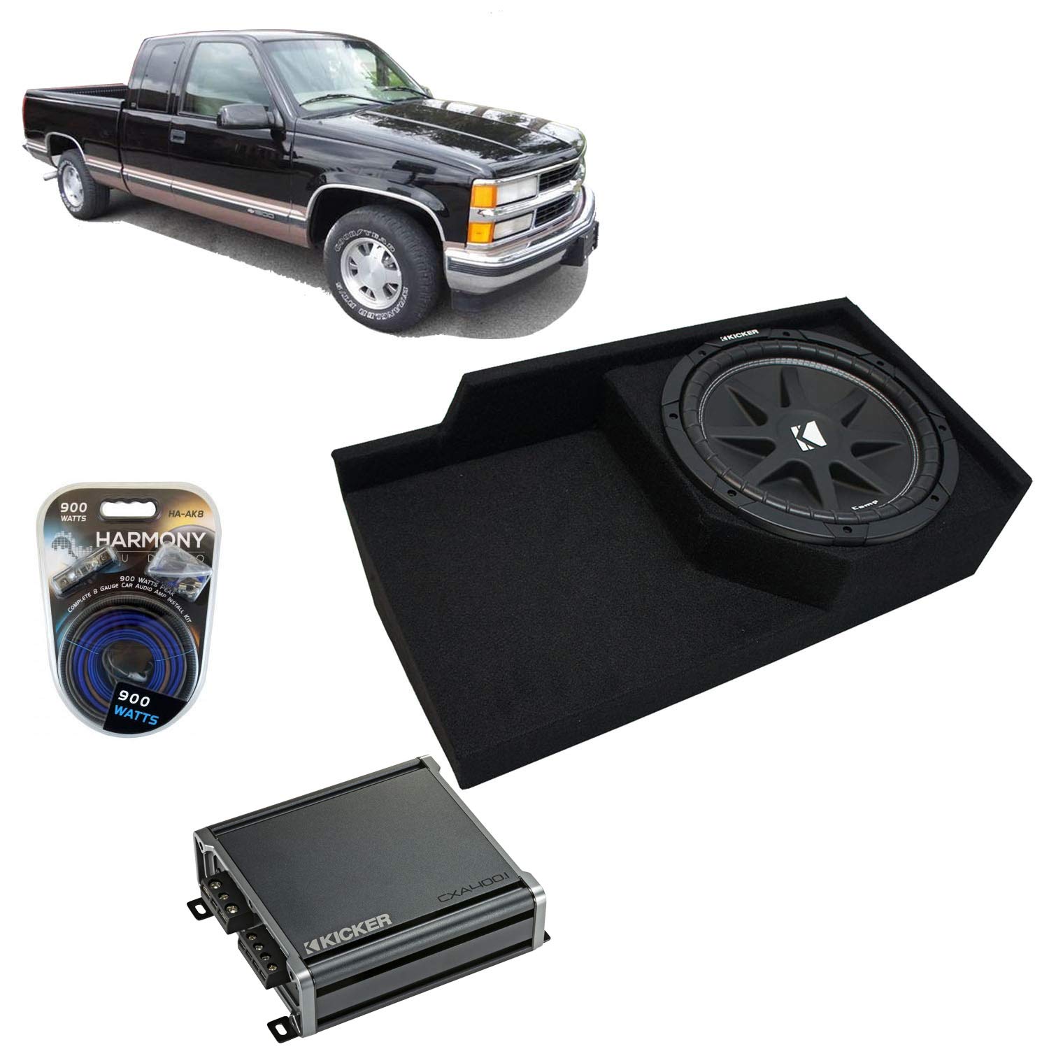 Harmony Audio Compatible with 1988-1998 Chevy CK Silverado Ext Truck Kicker Bundle Comp C10 Single 10 Sub Box Enclosure & CXA400.1 Amp