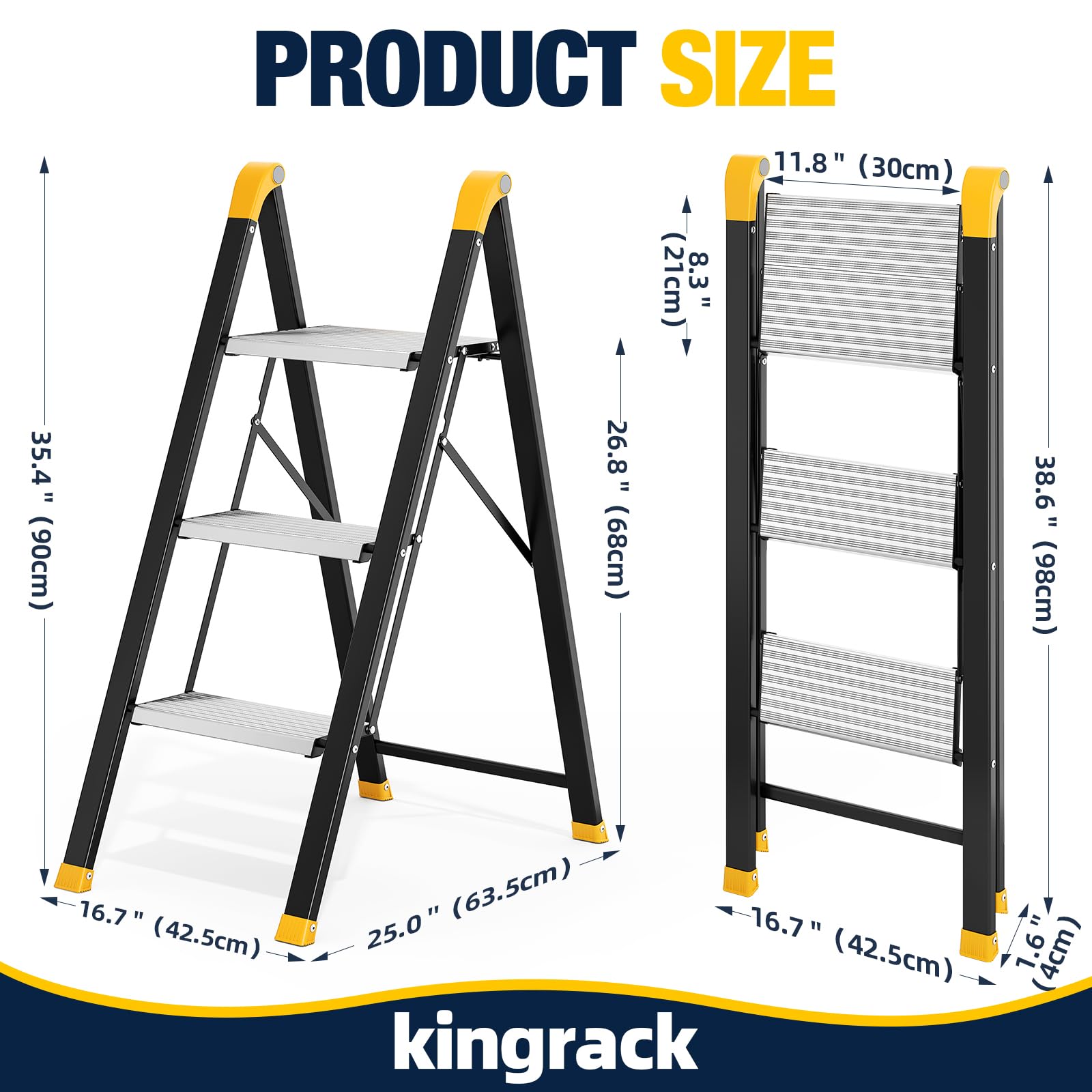 Kingrack Escalera 3 peldaños Aluminio Antideslizante, Capacidad 150kg Negro | Escalera taburete plegable aluminio peldaños antideslizantes, soporta 150kg, plata y negro, uso hogar cocina oficina
