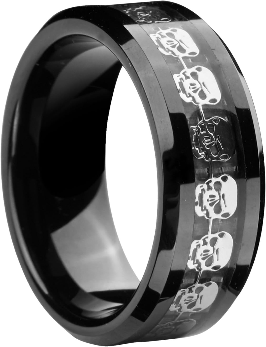 8mm Infinity Black Tungsten Wedding Ring Silver Skull Inlay Statement Promise Jewellery Size 7.5