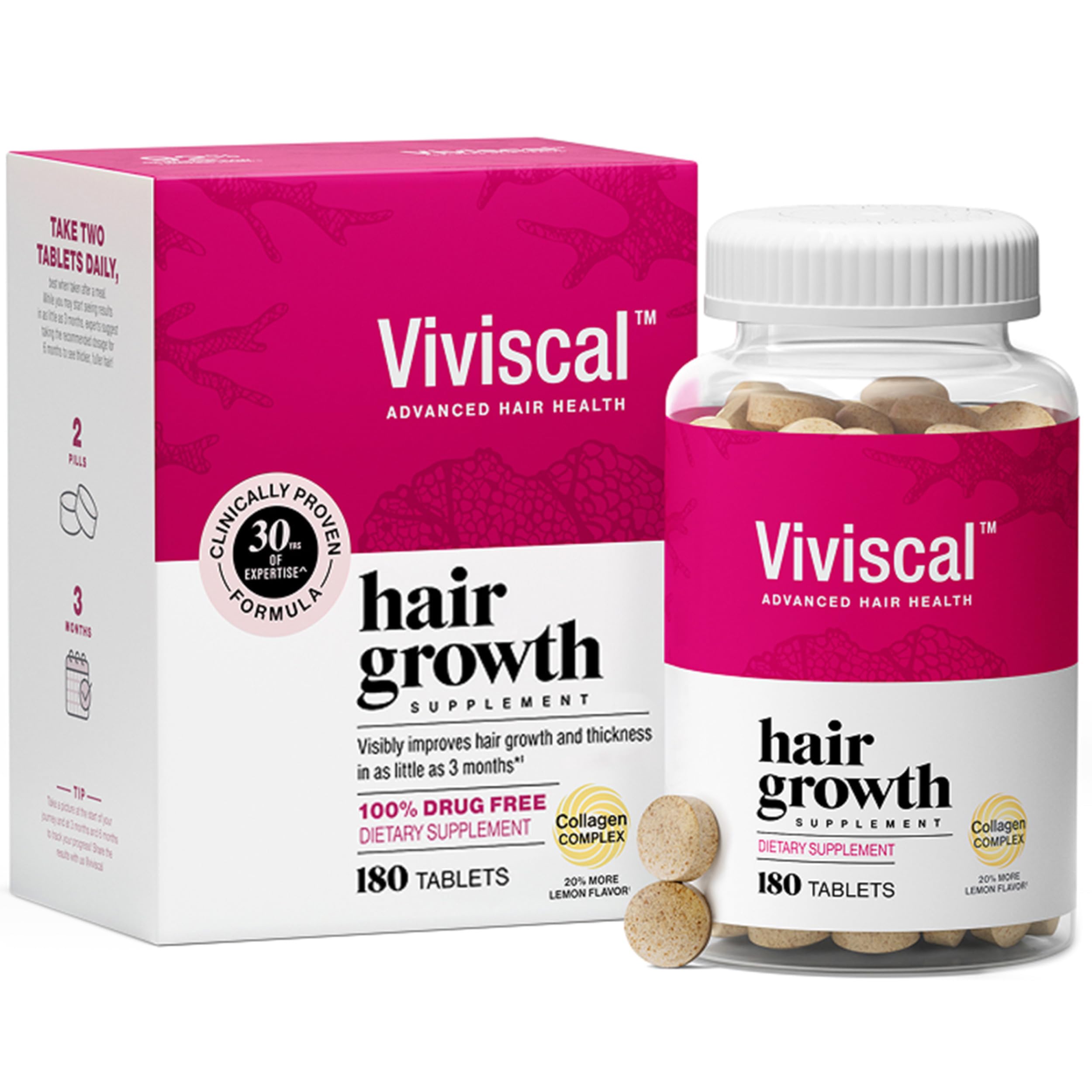 Viviscal Hair Growth Supplements for Women, Thicker Fuller Hair Support for Thinning Hair and Hair Loss, with Biotin and Marine Collagen, Drug-Free, 180 Tablets, 90-Day Supply, Bottle, 180 Count (Pack of 1)