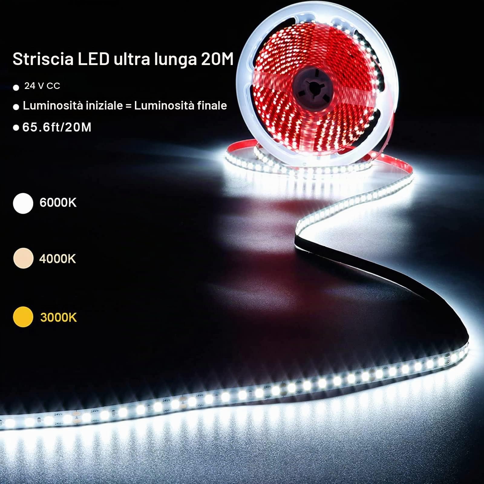 GOMING 20M 24V Striscia LED Bianco Naturale 4000K Alta Densità 2400 LEDs | 144W Alta Luminosità 12000Lm Non Impermeabile IP20 Flessibile Nastri LED per Decorazione Interna(Alimentazione non Inclusa)