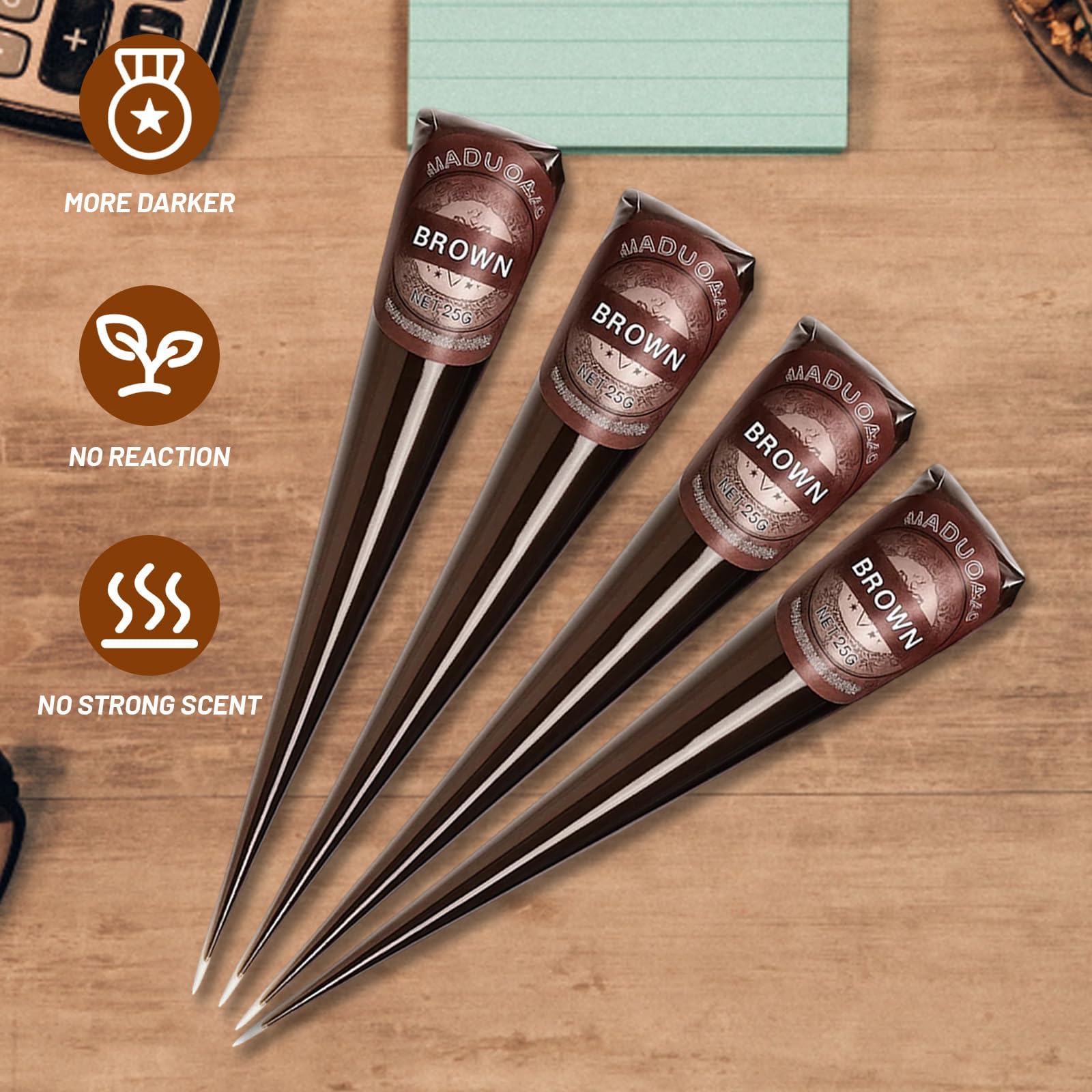 Henna Cones, 4-Piece Brown Henna Paste with 20 Stencils and Hand Templates, for Body Art Ready to Use for Festivals - Image 4