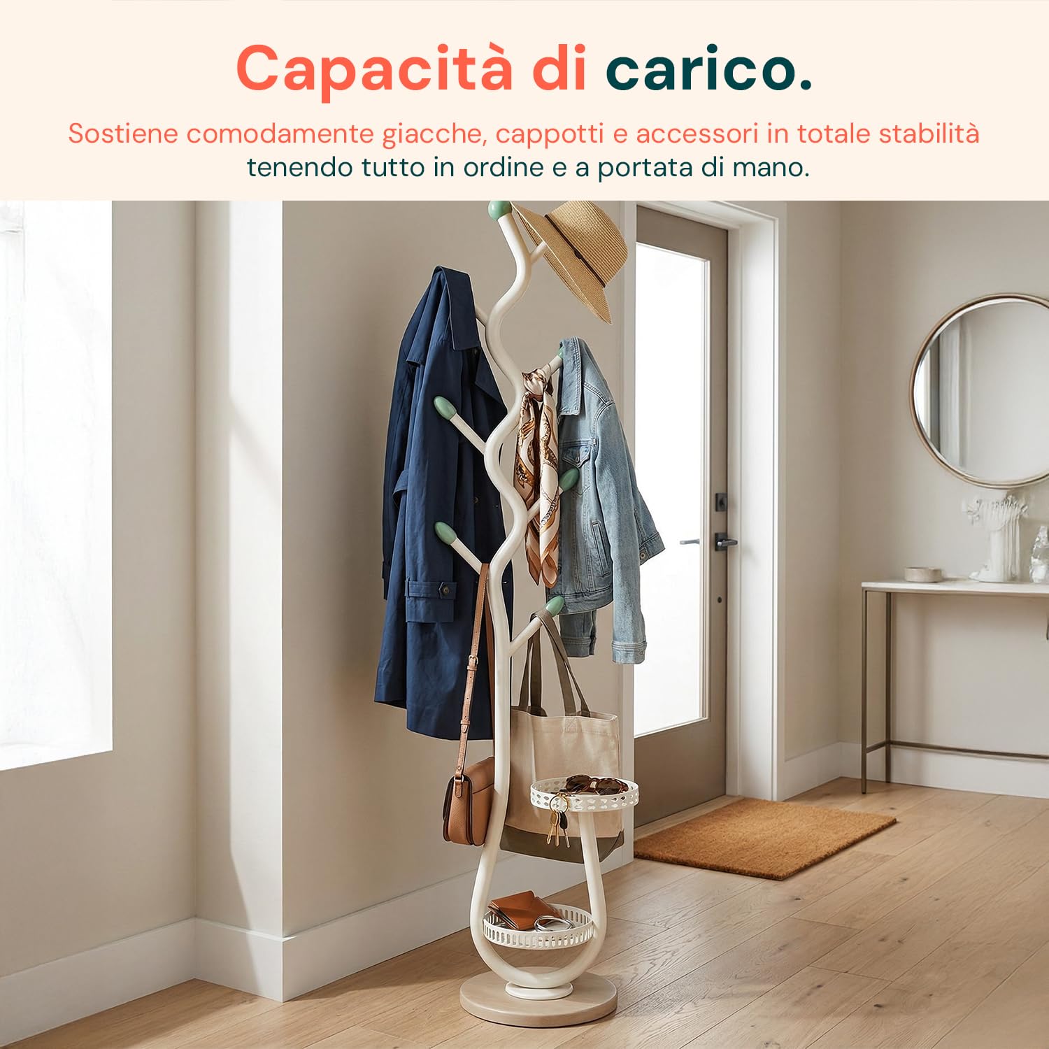 Avilia - Appendiabiti in Metallo Bianco a Piantana - Stand con 2 Vassoi Svuotatasche Integrati - Attaccapanni Salvaspazio ad Alta Portata per Ingresso e Camera - H 166,5 cm