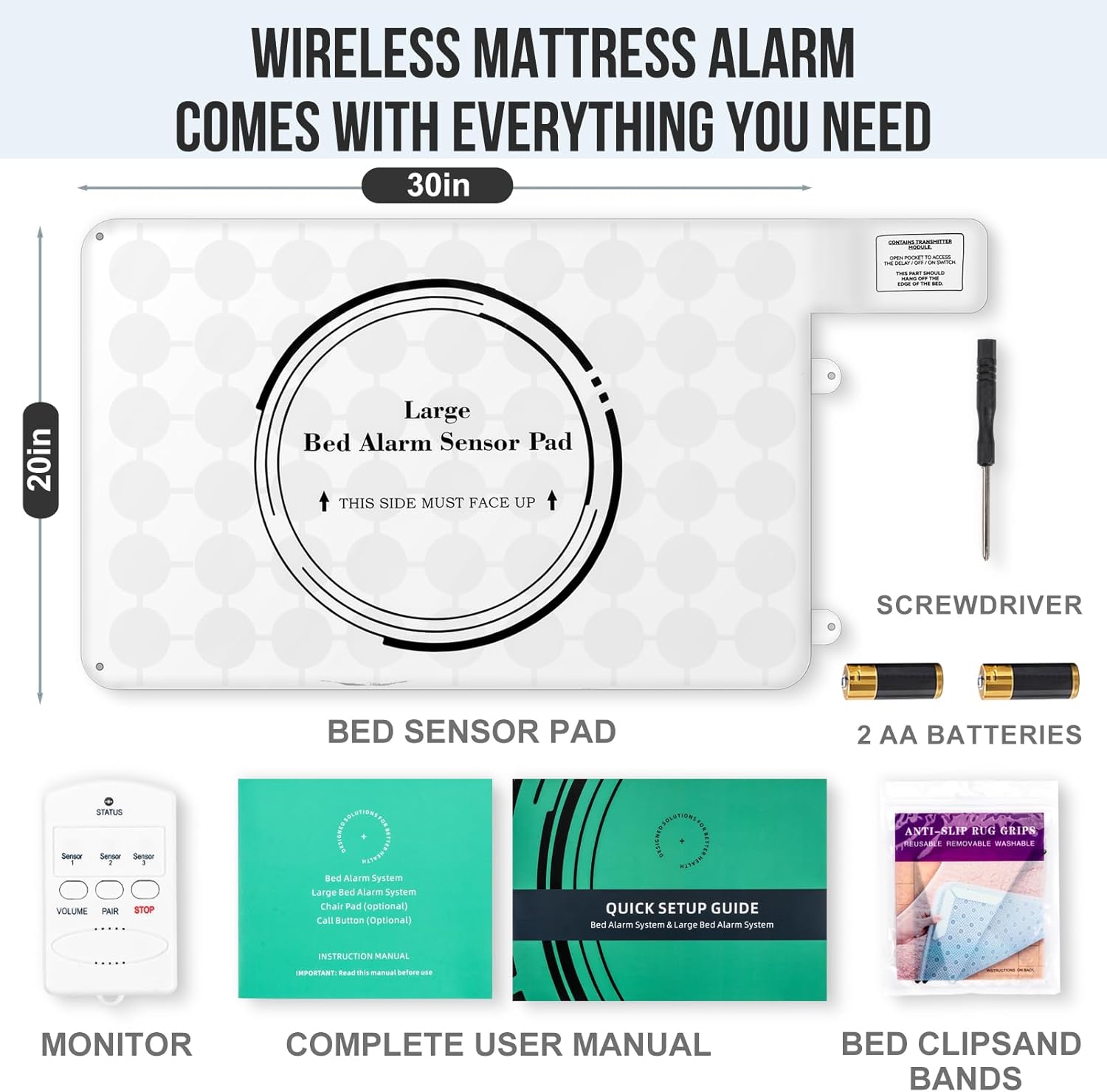 Smart Monitoring Wireless Bed Alarm System,Caregiver Pager Sensor Alert with3 Volume Level bed Sensor Alarms for Seniors,Chair Alarm for Elderly Weight Sensing Bed Pad Alerts Caregiver When TheyGet Up