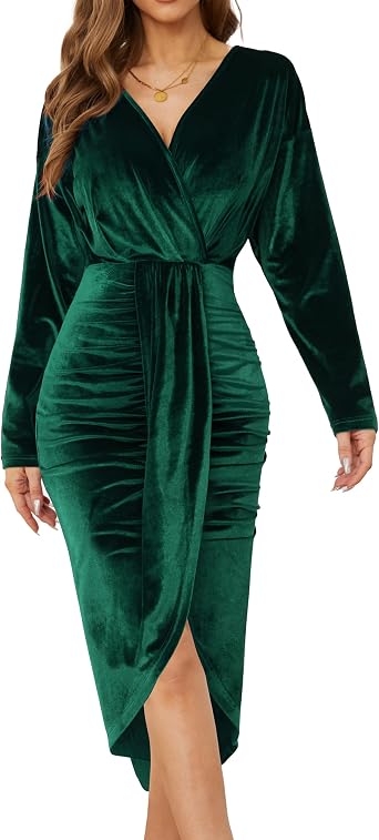 Womens V Neck Long Sleeve Ruched Dress Sexy Velvet Cocktail Party Evening Club Midi Dresses