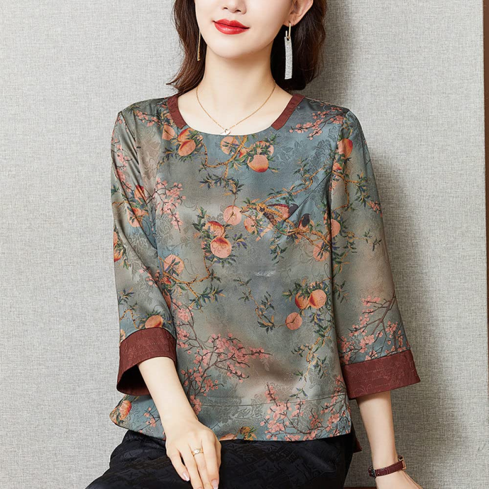 MIDJ Lockeres Damenhemd,Damen Vintage Blumendruck Rundhals Oberteile Shirt Aprikose Satin Tunika Shirt Boho 3/4 Ärmel Chiffon Bluse Shirt Casual Büro Business Bluse Für Mädchen Damen