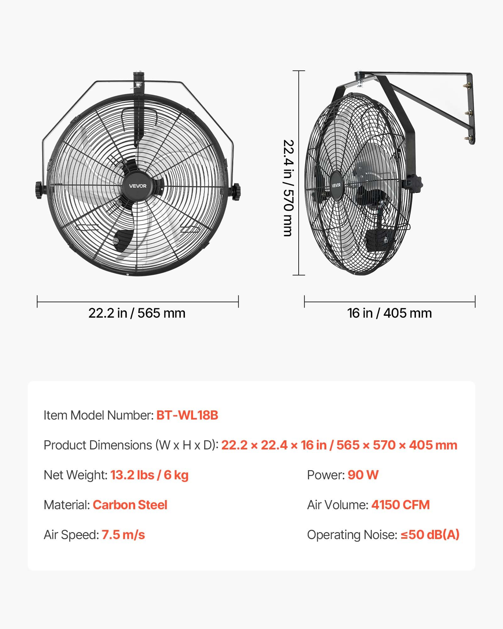VEVOR Ventilador de Pared con 3 Velocidades, Aire de Flujo, Ángulo Ajustable, Motor de Cobre, Protección IP44, Ventilador Industrial Oscilante de Acero para Taller, Garaje, Gimnasio, Comercio, Almacén