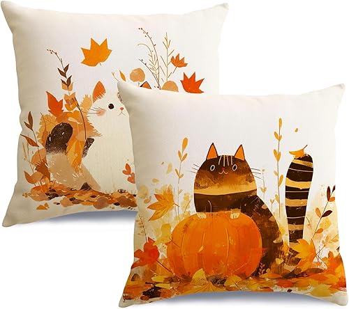 RABUSOFA Juego de 2 fundas de almohada de otoño de 18 x 18 pulgadas, almohada de calabaza y gato, almohadas decorativas de otoño con hojas de arce,