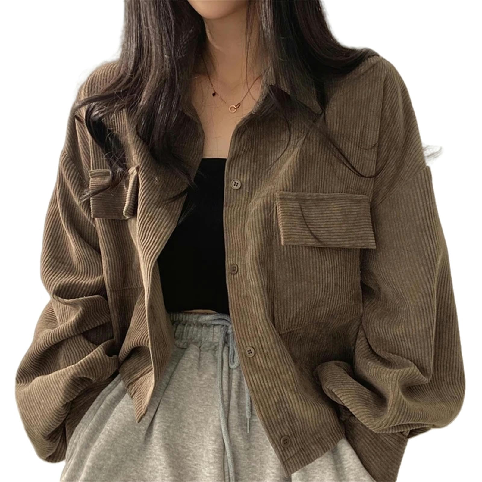 Camicia Camicie Casual di Velluto A Coste per Tasche Femminile Camicetta Femmina Manica Lunga Donna da Donna da Donna-Cachi-S