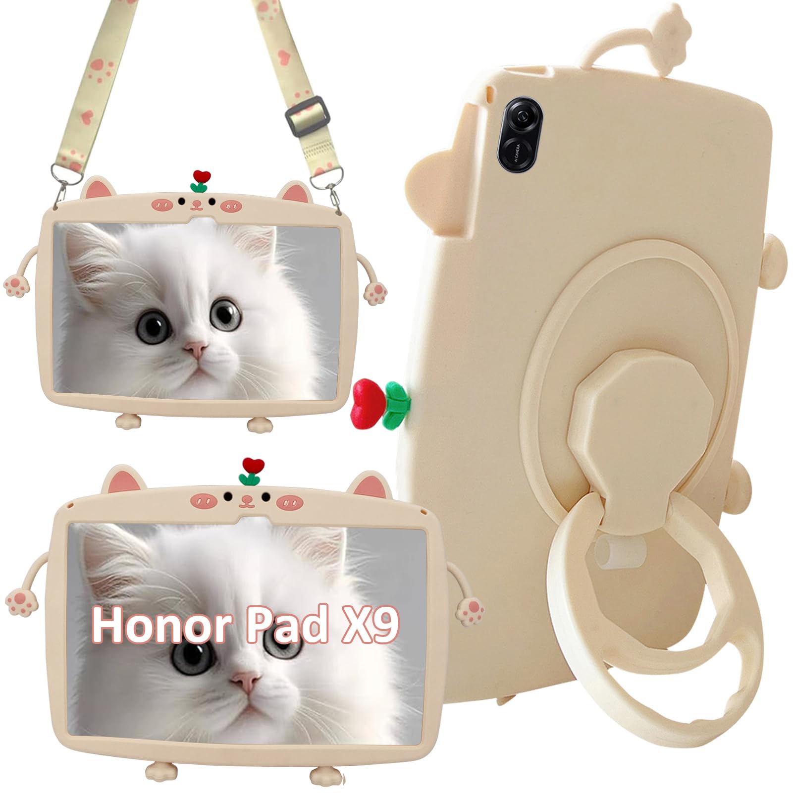 A-BEAUTY Compatible with Honor Pad X9 11.5-inch 2023 Case - Cute Cat Kids Design With 360 Rotating Hand Grip Stand, Pen Holder, Shoulder Strap