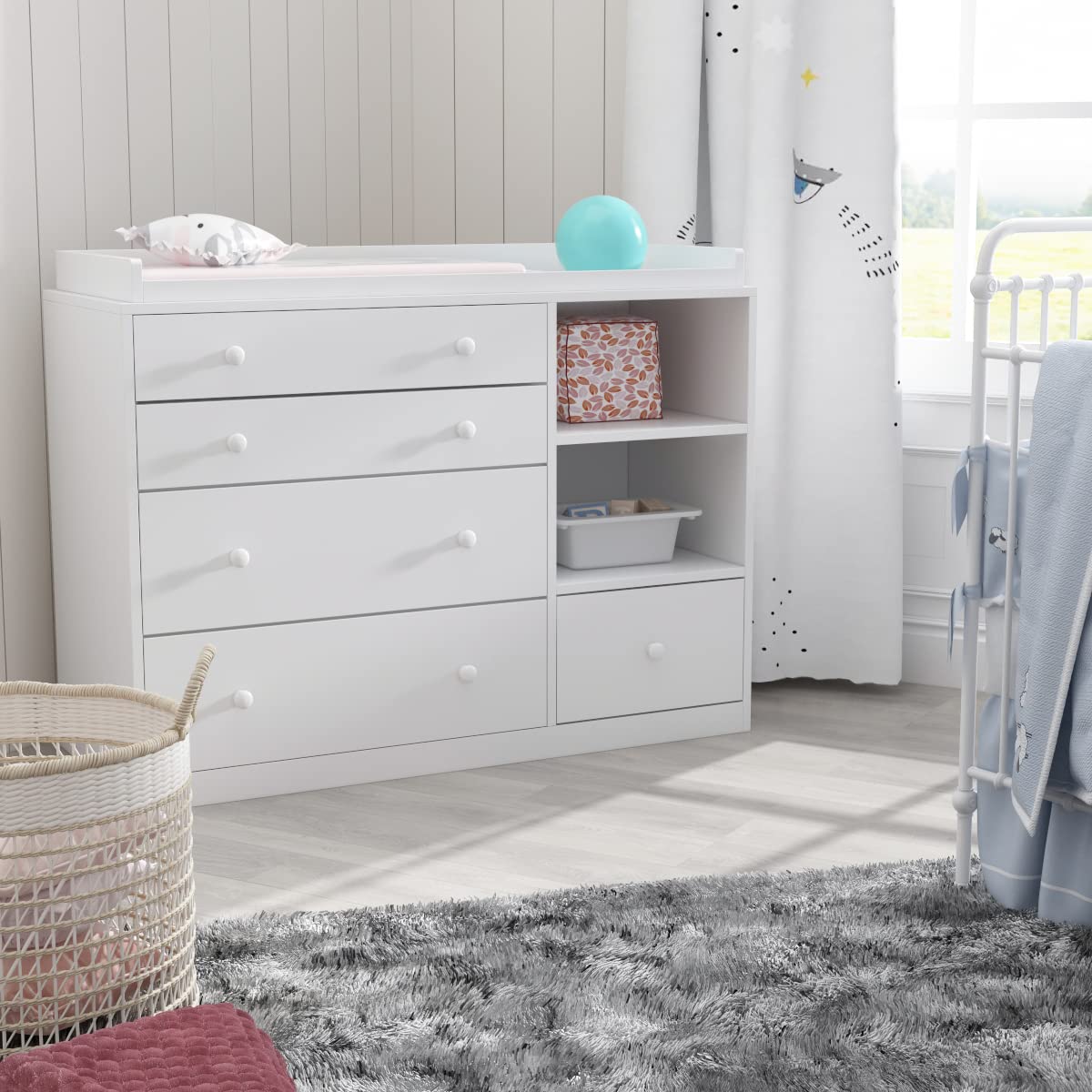 Table à Langer Table à Langer pour Enfant avec 5 tiroirs, Commode pour Enfants avec 2 Compartiments à Jour, Meubles pour Enfants Table à Langer pour Chambre à Coucher, 120 x 50 x 91,5 cm