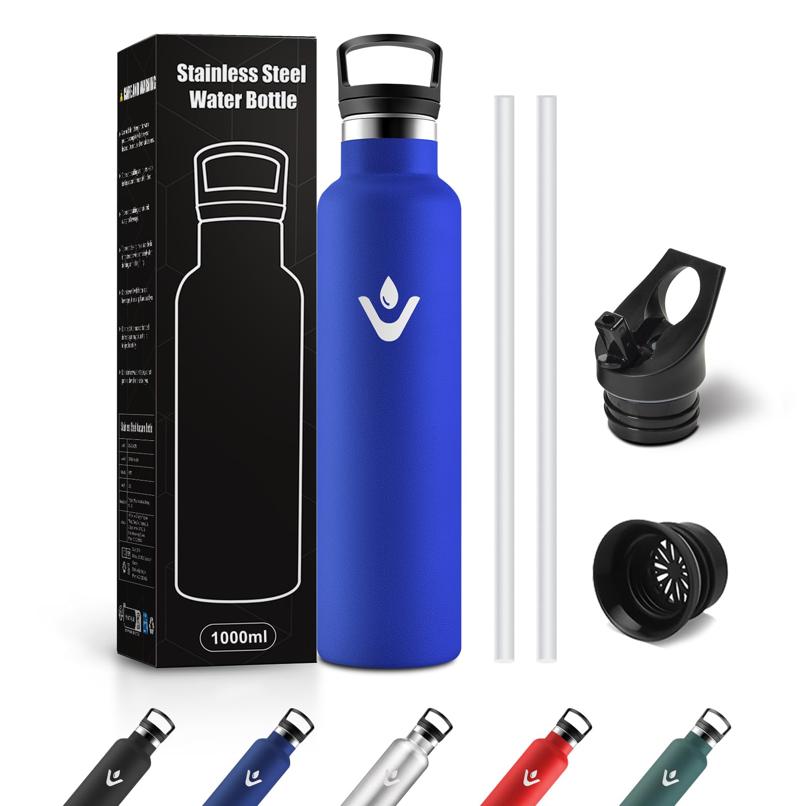 JAPORIA Borraccia Acciaio Inox 1L, Termos con Cannuccia, a prova di perdite, Riutilizzabile, senza BPA, Bottiglia per Uffici, Viaggio, Ciclismo