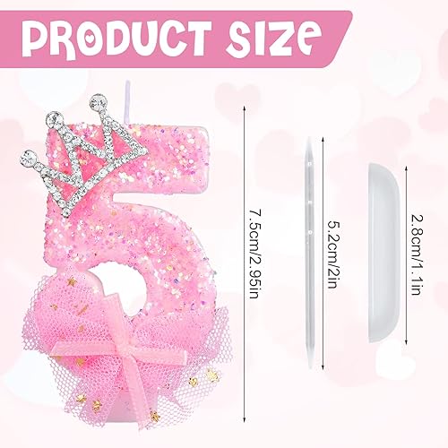 Miniatura 2 de Velas de número de cumpleaños, velas de malla con lazo de corona de 2.95 pulgadas, velas de números rosas con purpurina, velas de cumpleaños con