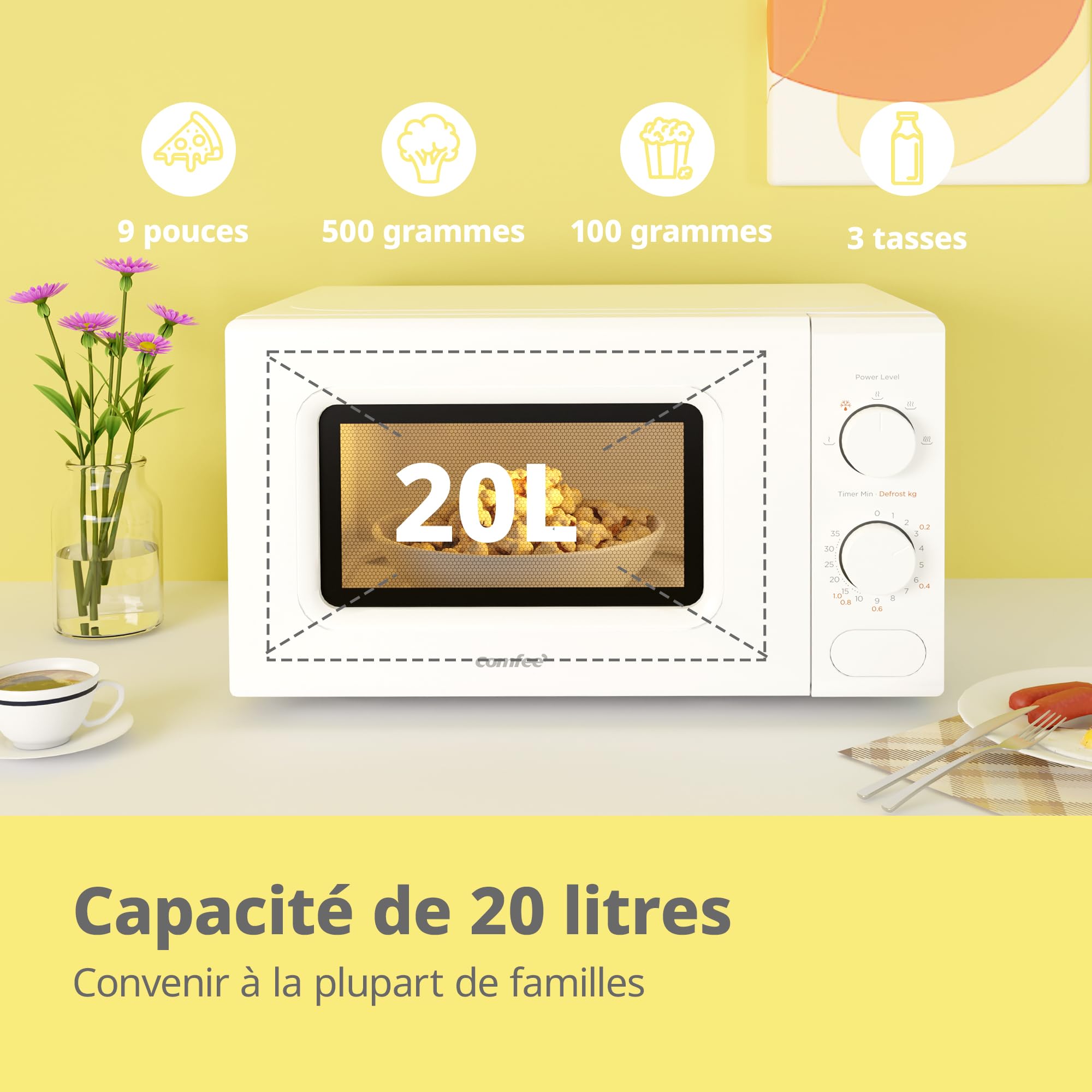Comfee' CM-M202CC(WH) Four à micro-ondes compact avec la capacité de 20 litres, 700 W avec Commande manuelle, Convenable pour petites cuisines, 5 niveaux de puissance, Dége rapide, Blanc