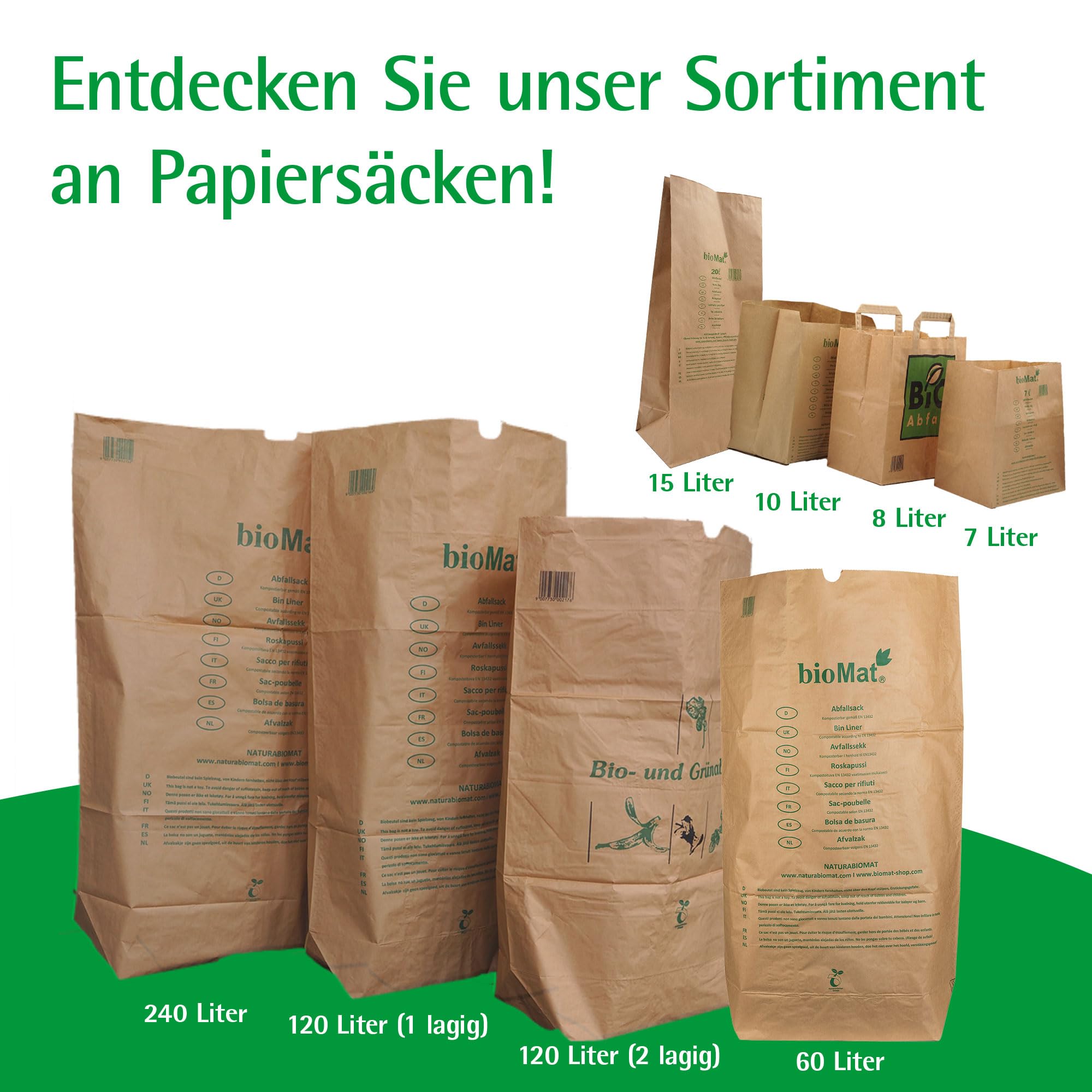 bioMat Kompostierbare 8l Papiertüten für Biomüll, 240 Biomülltüten mit Henkel aus Kraftpapier, Nassfest, Reißfest