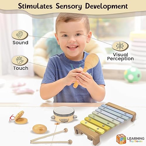 Miniatura 6 de Instrumentos musicales de madera para niños pequeños, juguetes musicales estéticos, juguetes Montessori, pandereta de xilófono colorido, maracas,