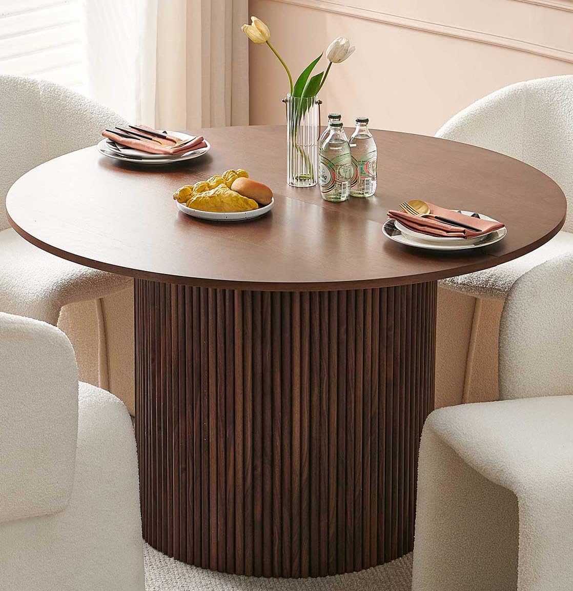 Pandolfini 47" Round Dining Table for 4, Modern Farmhouse Kitchen Table, Walnut Wood Veneer Tabletop with Wood Strip Base, Kitchen & Dining Room Table