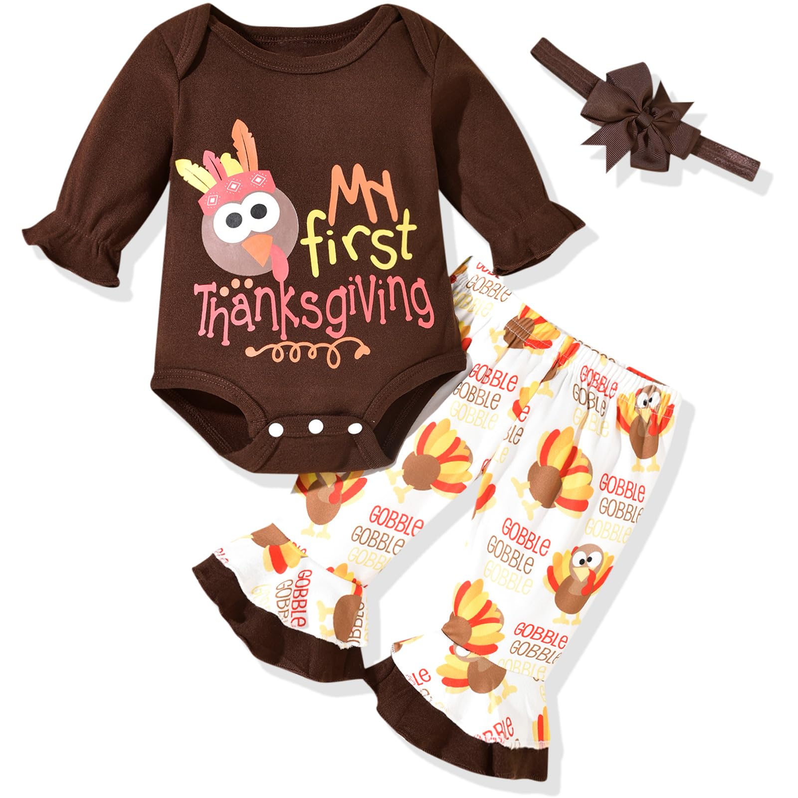 Aalizzwell Newborn Baby Girl Thanksgiving Clothes Turkey Bodysuit Bell Bottoms Flared Pants Outfit NB