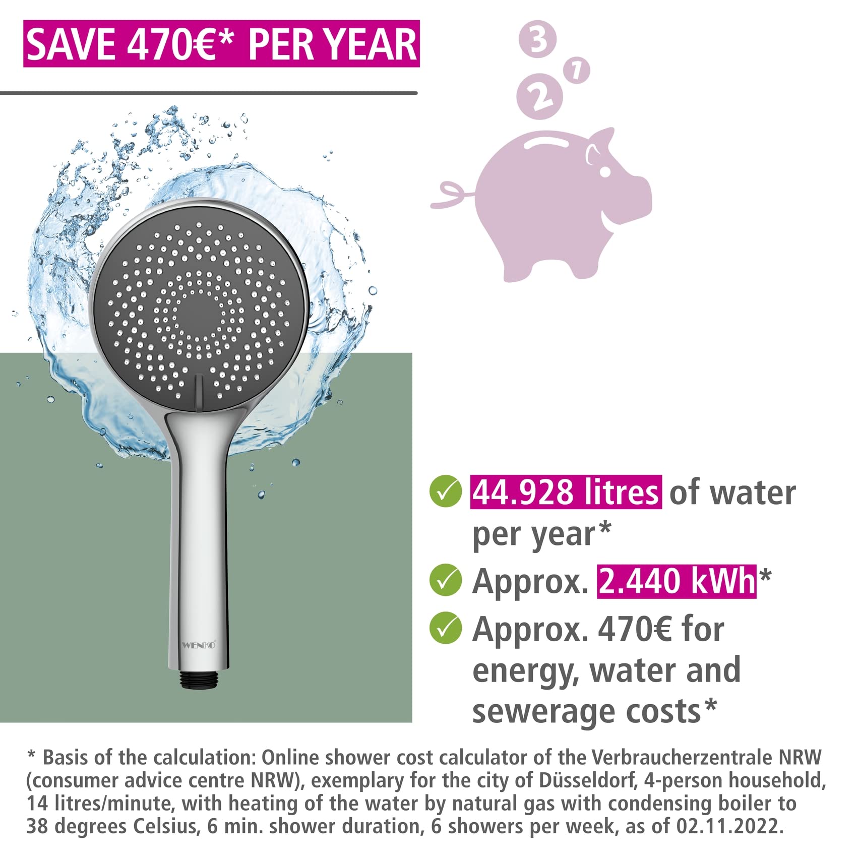 WENKO Set de ducha Watersaving, barra de ducha de acero inoxidable, cabezal con 3 tipos de chorro y flexo de ducha, apto para calentadores de agua, conexión universal de ½", 70 cm, cromado