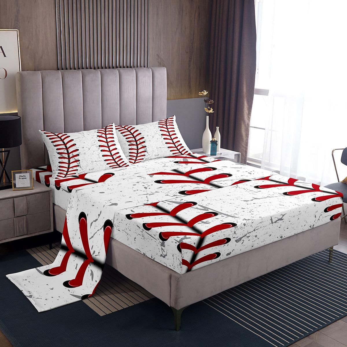 Erosebridal Baseball Bed Sheets for Boys Red White Baseball Sheet Set for Kids Grunge Ball Print Bedding Set