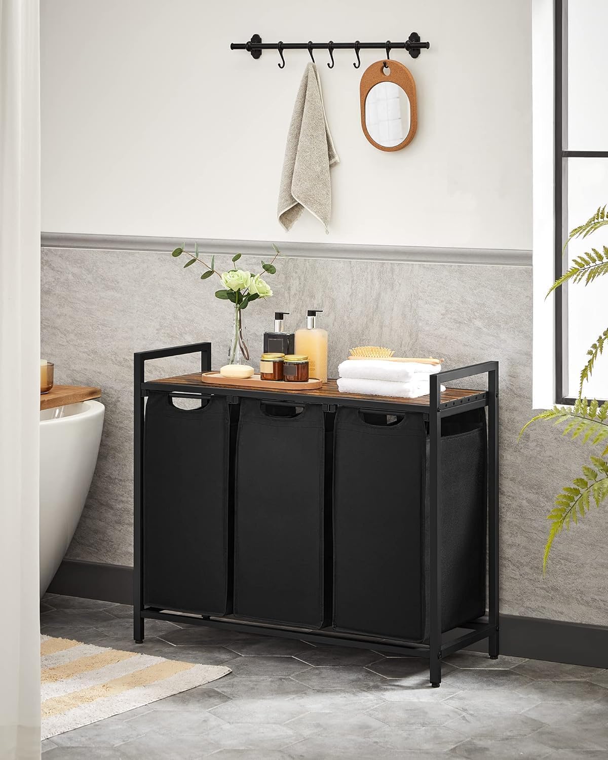 Fefe Rustic Brown Laundry Hamper With Large Table Top, 3 Section Pull-Out Clothes Basket