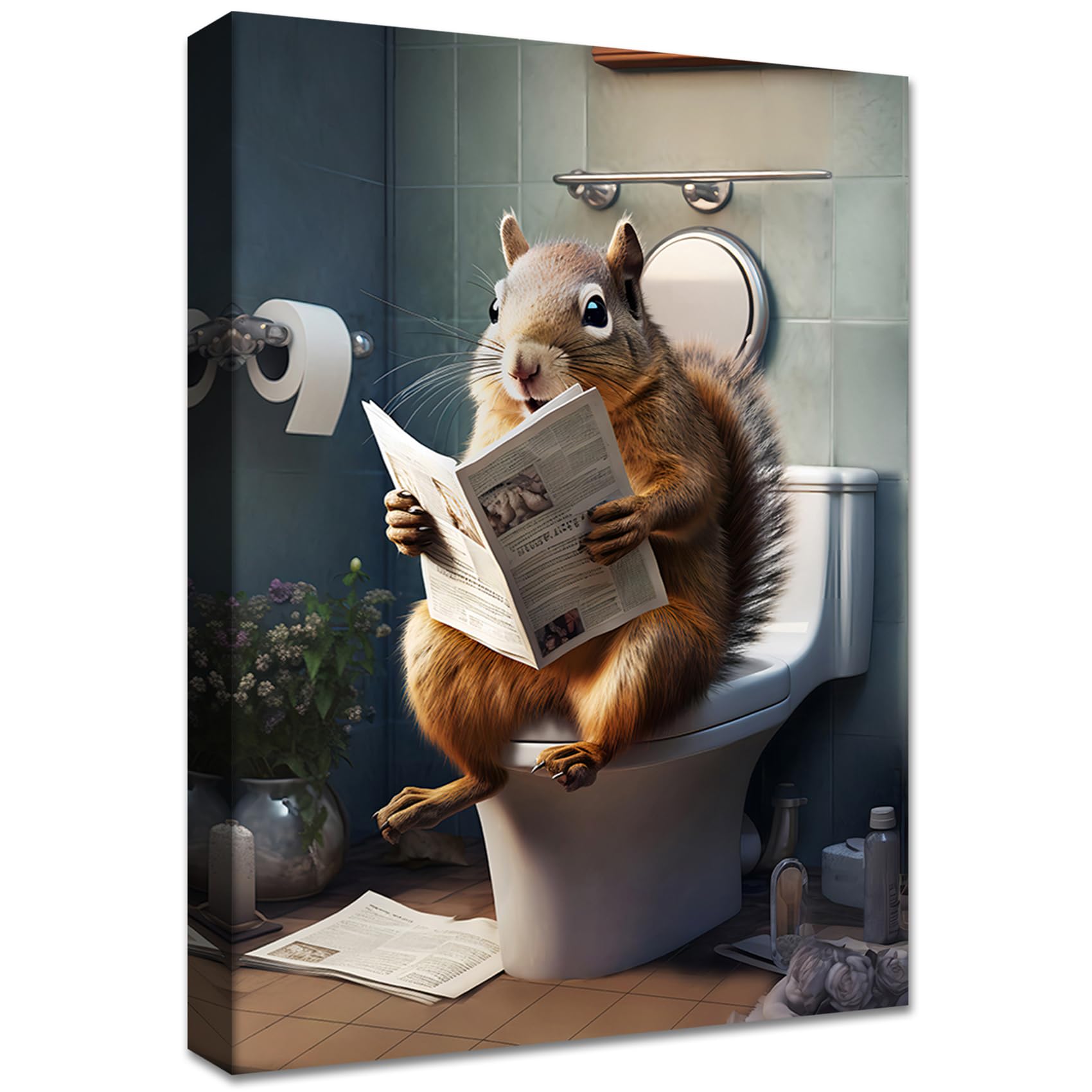 Wooden Framed Bathroom Canvas Wall Art Squirrels on The Toilet Picture Painting Poster Yellow Brown Humor Animals Canvas Prints Living Room Gallery Hallway Corridor Toilet Bathroom Wall Decor 30x40cm