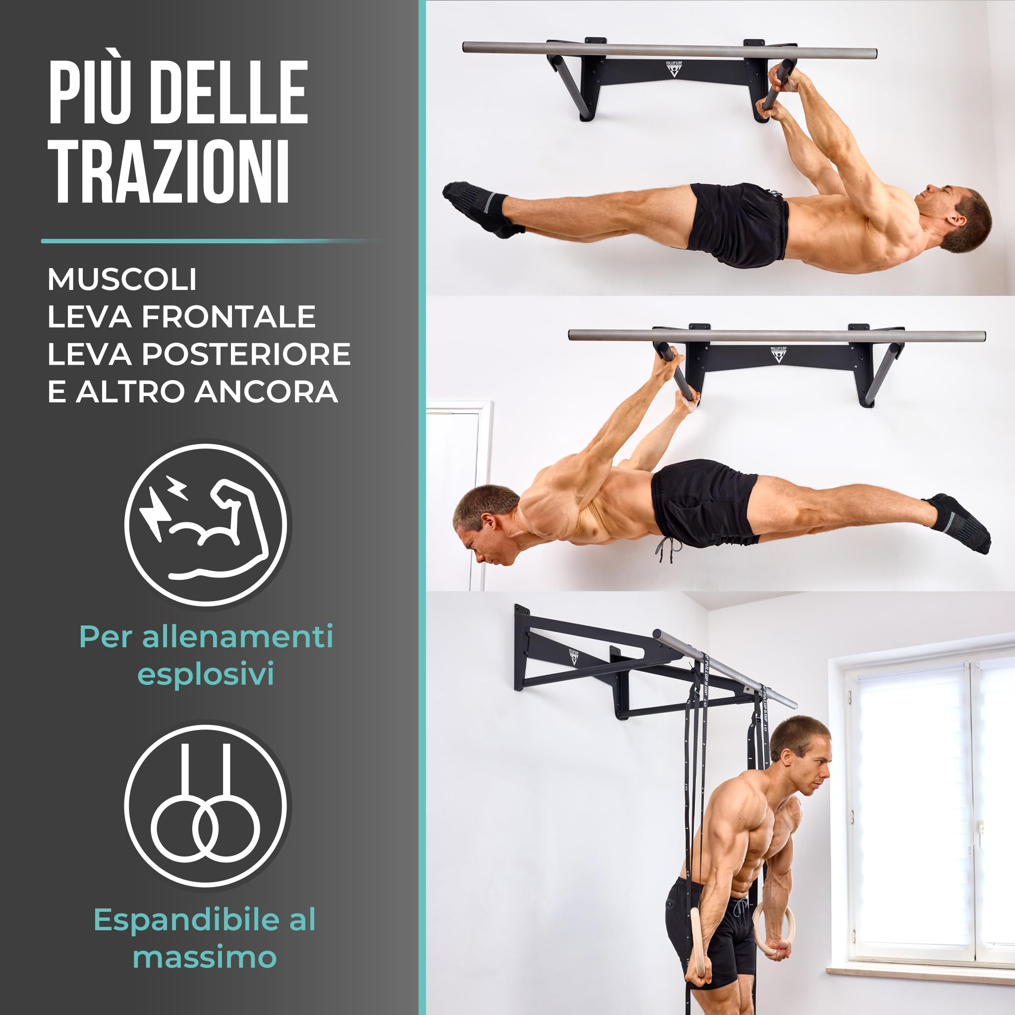 PULLUP & DIP - Barra Muscle Up da Parete per Esterni e Interni | Calisthenics | Barra Trazioni in Acciaio Inox Resistente alle Intemperie per Front Lever, Back Lever & Home Gym