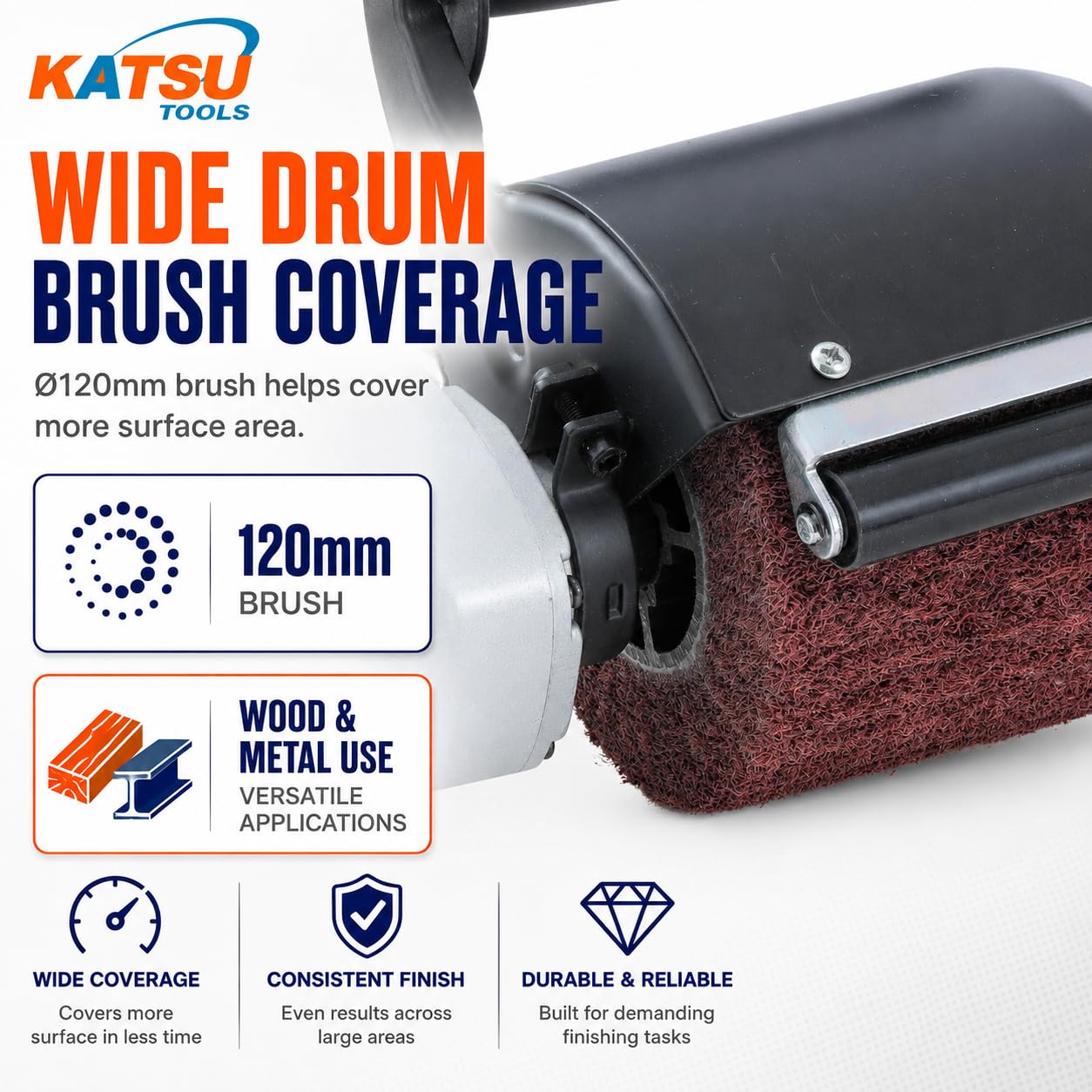 KATSU Tools Levigatrice a tamburo senza fili da 18 V, motore brushless, velocità variabile, spazzola Ø120 mm, brunitura e lucidatura per legno, metallo e altro, batteria non inclusa, modello 102714