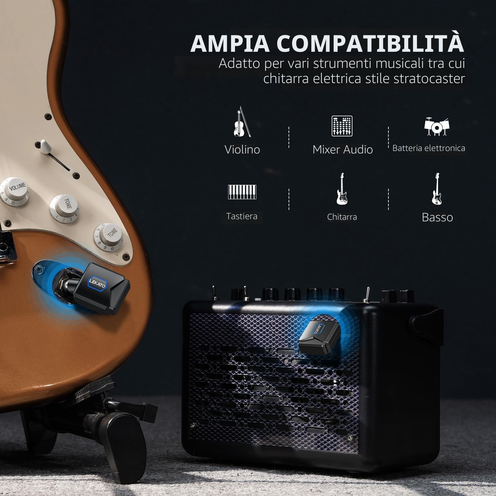 LEKATO Ricevitore Trasmettitore Wireless 5,8GHz per Chitarra Con Scatola Di Ricarica, 4 Canali, Jack Senza Fili per Strumenti Elettrici Di Basso