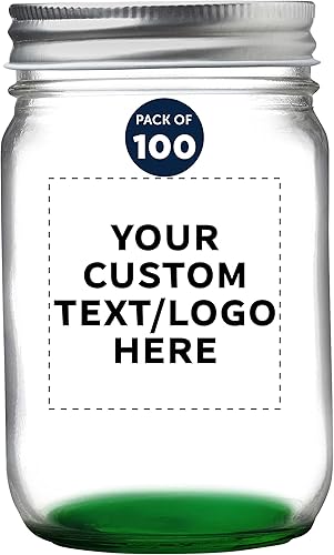 Discount Promos Juego de 100 tarros de decoración de 12 onzas - Texto personalizable, logotipo, enlatado, tapa de aluminio - verde