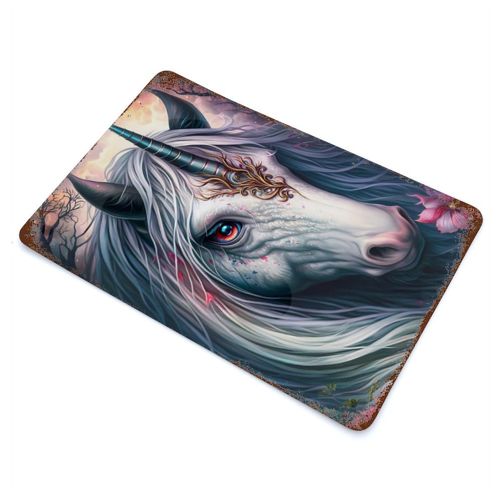 Unicorn Fantasy Genre Aged Metal Wall Plaque 11.8"x7.9", Ideal for Garage, Bar And Workshop Decor