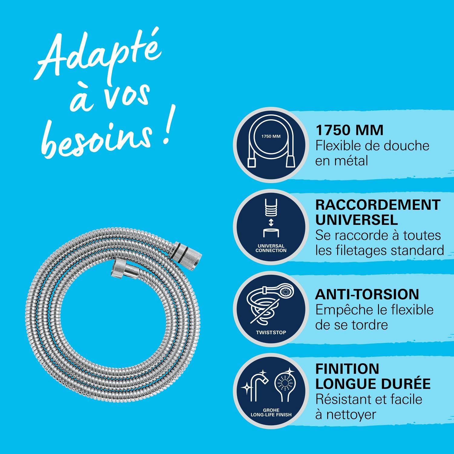 GROHE Flexible tuyau de douche salle de bains VitalioFlex métallique TwistStop 1750mm, anti-pliures, finition brillante, raccord fileté universel 1/2", chromé, 22100000 (Import Allemagne)