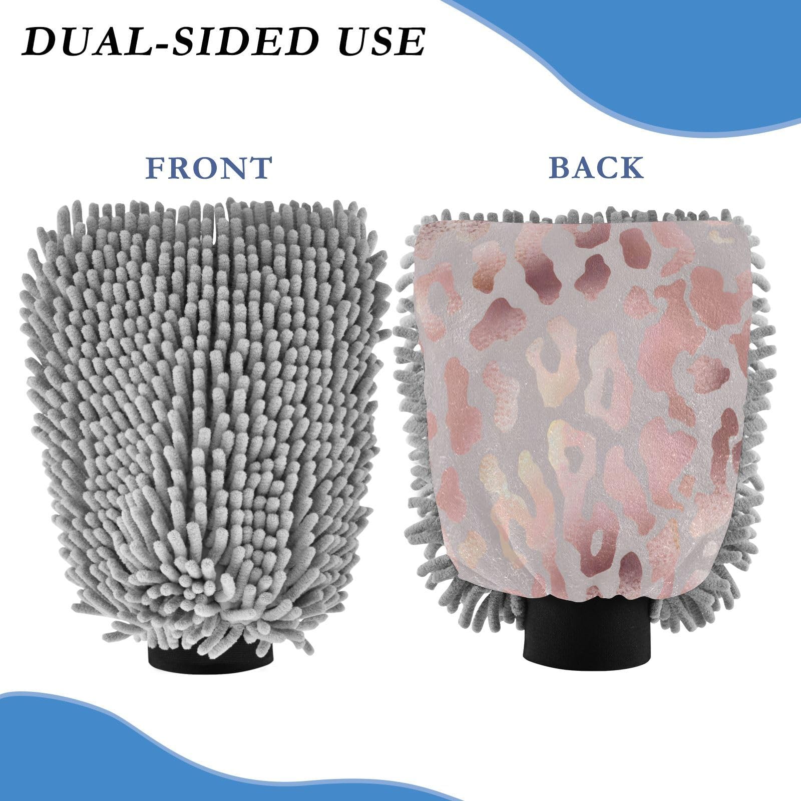 ALAZA Rose Gold Cheetah Leopard Print Car Wash Mitt Scratch Free, 2 Pack Absorbent Microfiber/Chenille Washing & Drying Mitts, L
