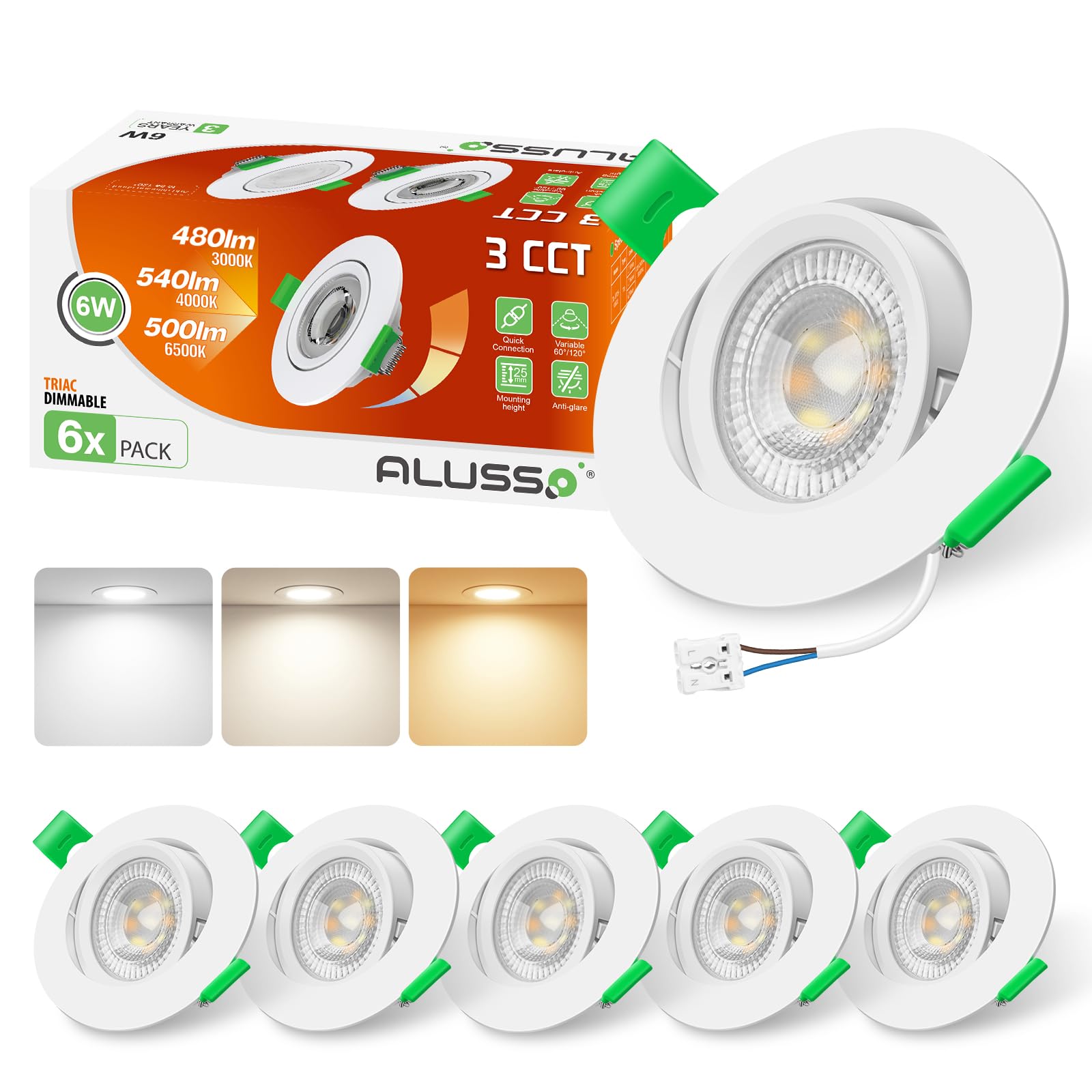 ALUSSO LIGHTING Spot LED Encastrable 4W 310 Lumen Dimmable 3000K-6500K Temperatuur Regelbaar IP44 Plafondverlichting Slaapkamer/Badkamer, Lot van 6, Blanc