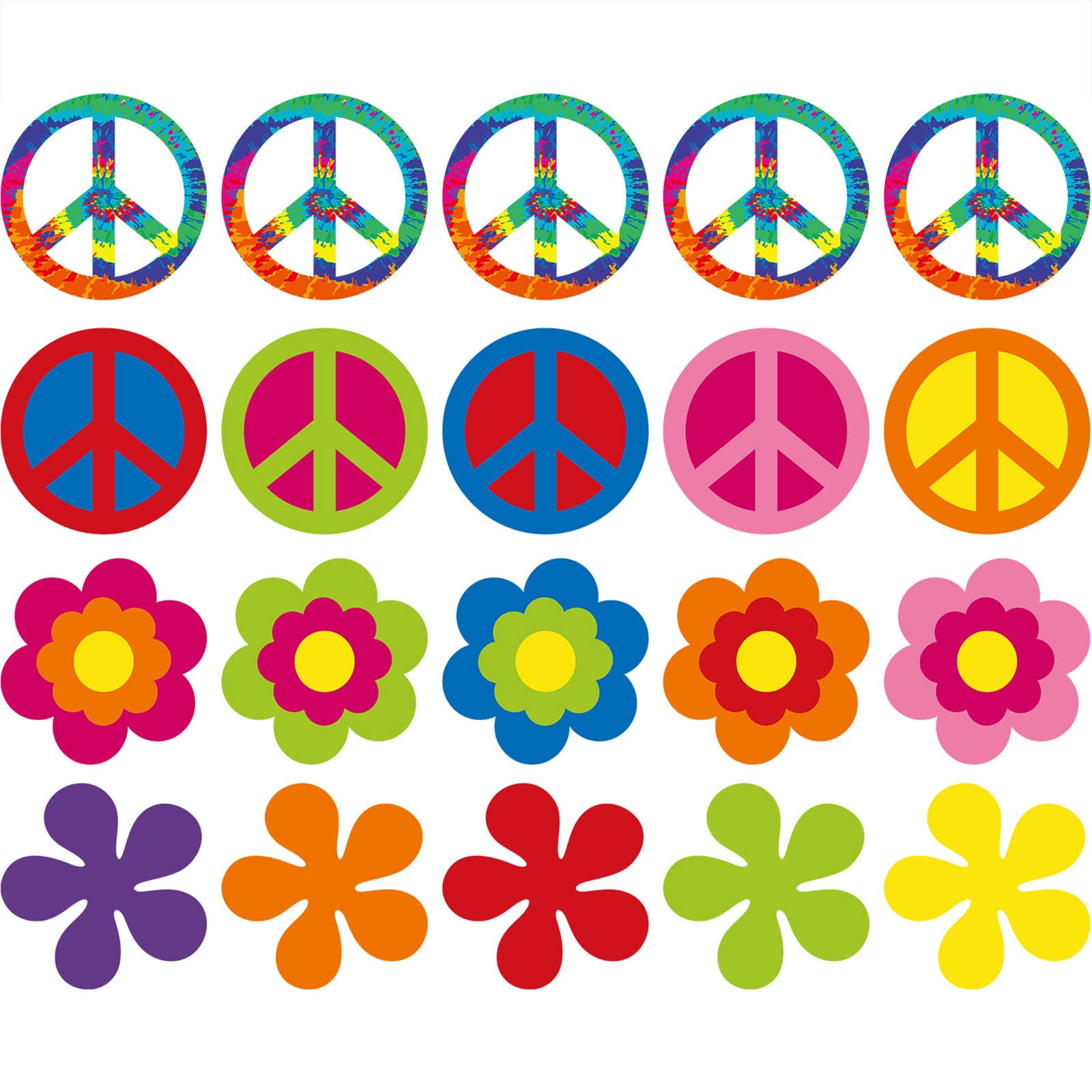 Faccito 40 Pieces 60's Party Cutout 60's Groovy Party Cutouts Decoration Retro Flower Cutouts Peace Sign Cutouts with Glue Point Dots for 60s Theme Party Decorations, 7.9 x 7.9 Inch