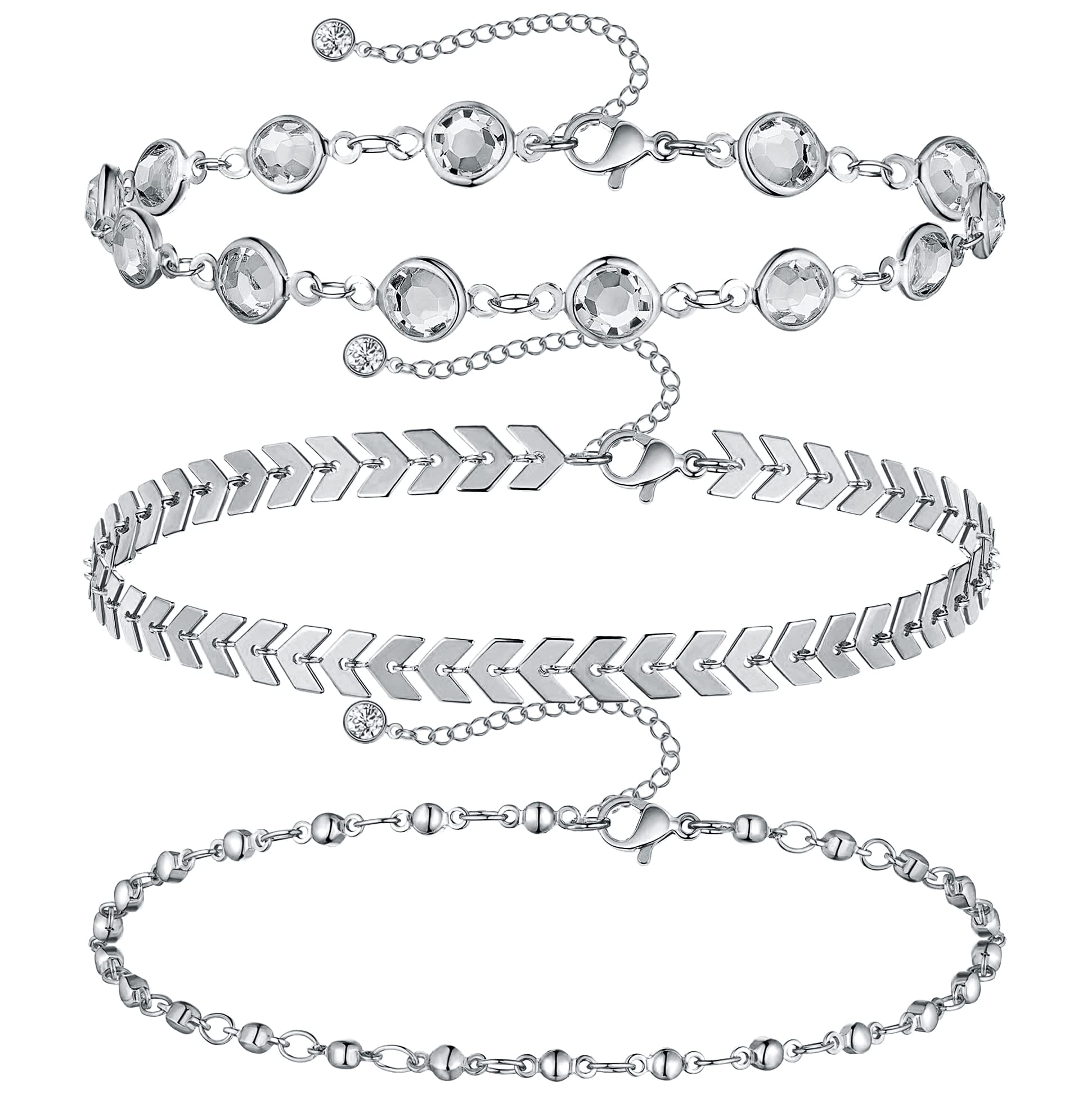 VGWON Cavigliera da Donna in Argento in Acciaio Inossidabile, Cavigliera Placcata in Oro 14K, Set di Cavigliere con Zirconi al Quarzo da Tennis con Perline D'Argento