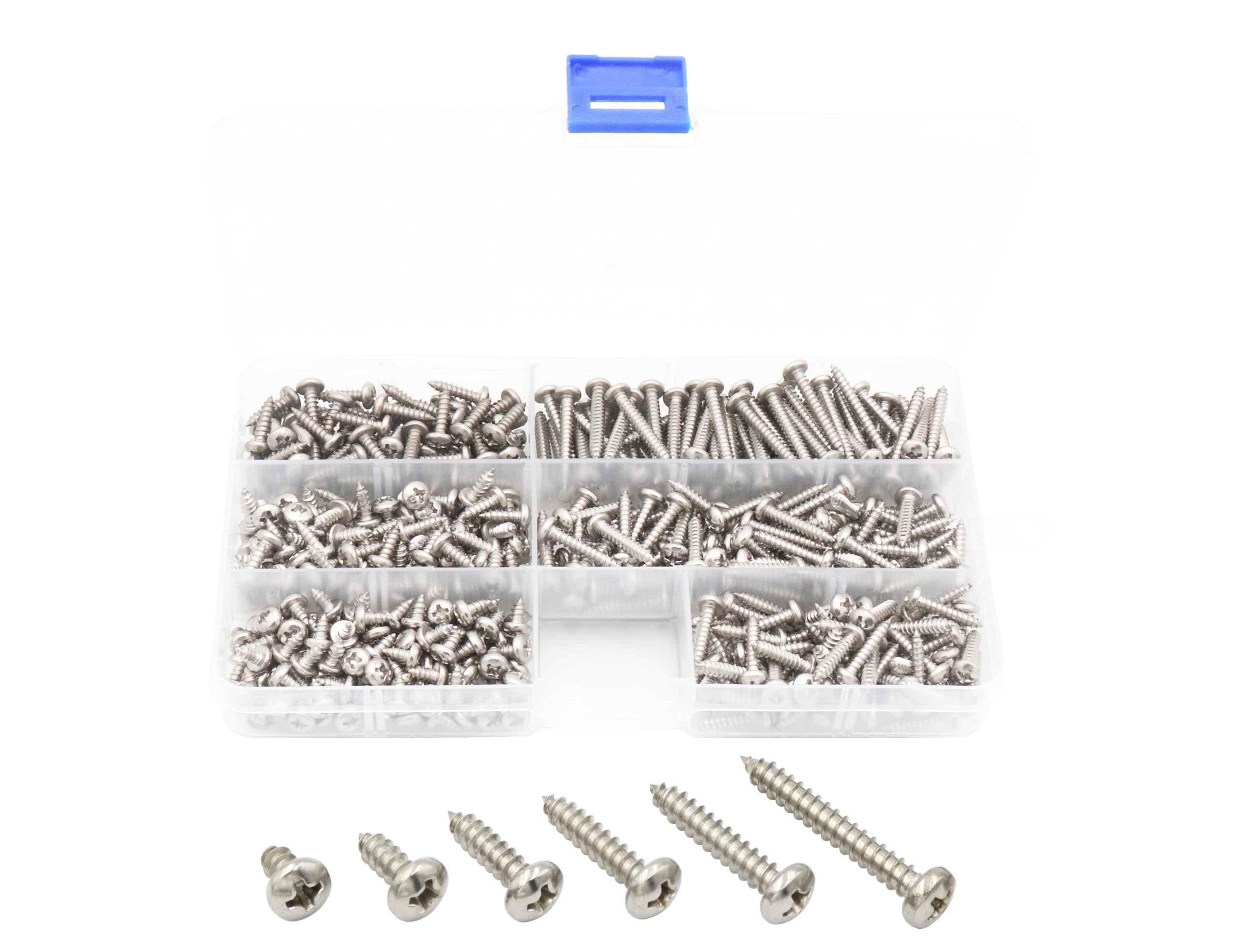 LBY 300pcs Truss Head Wood Screws, #6 ×(1/4''~1'') Philips Pan Head Self-Tapping Wood Screws Assortment Kit, 6 Sizes, 304 Stainless Steel (Silver)