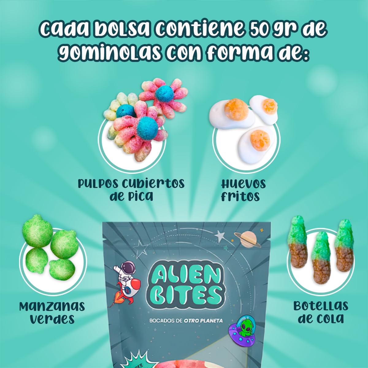 Alien Bites - Pack de 4 Bolsas de 50g de Chuches Liofilizadas - Gominolas Freeze Dried - Chuches para Cumpleaños, Regalos y Snacks - Sin Gluten (Pulpo, huevo, manzana, cola) (P1)