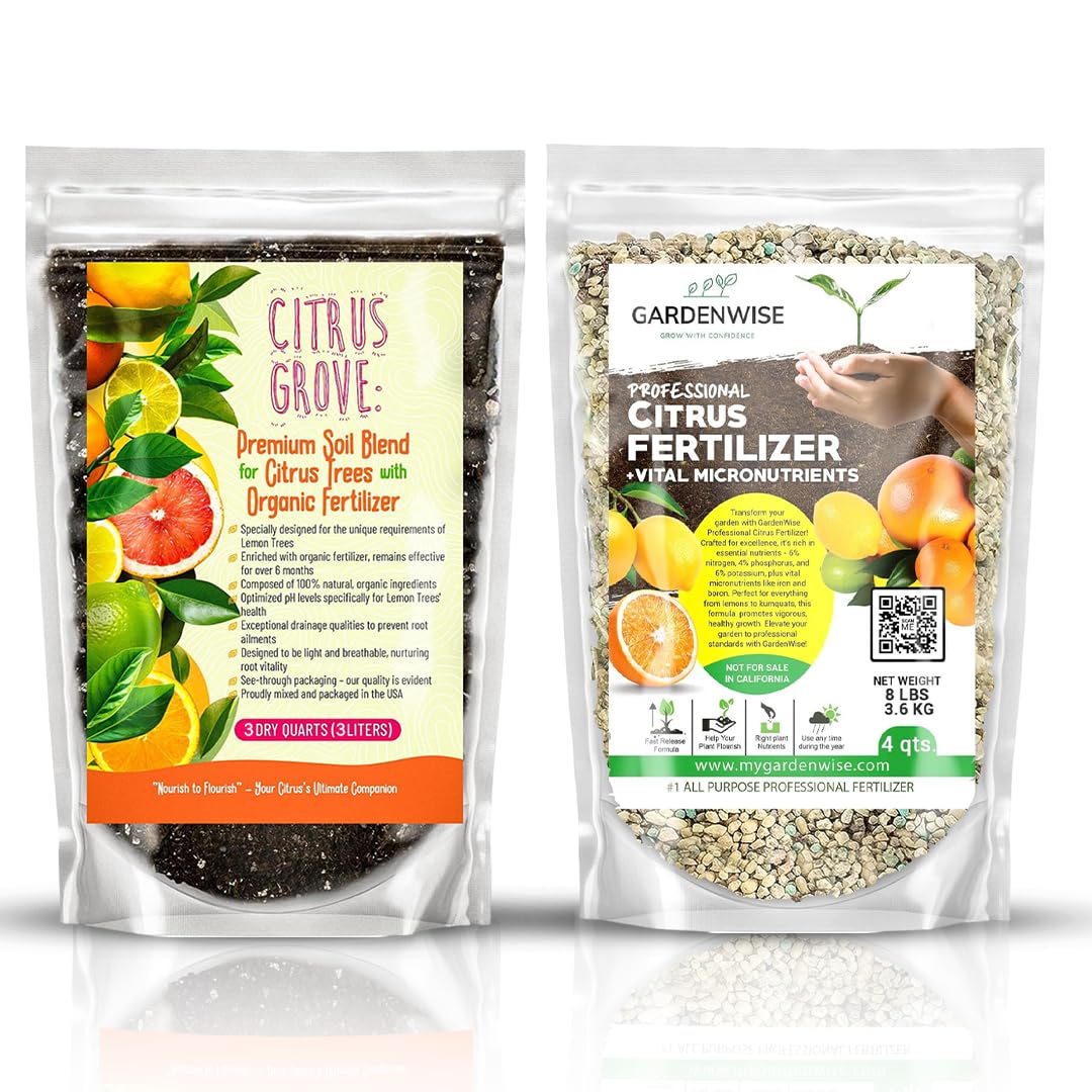 Professional Citrus Fertilizer & Premium Citrus Potting Mix Bundle - Perfect Balanced NPK for All Citrus Orange, Lime, Lemon Soil for Indoor Outdoor Plants (4-3 Quarts)