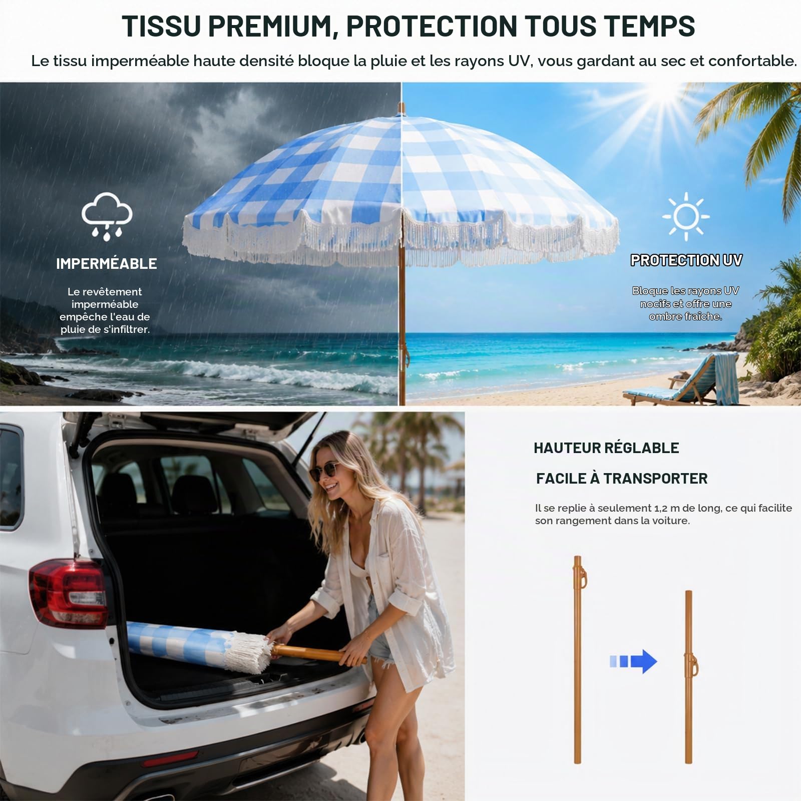 Parasol de Plage à Carreaux avec Franges Parasol de Jardin Vintage Inclinable à 45 Degrés UPF 50 Plus Grand Extérieur Portable Terrasse Pique-Nique