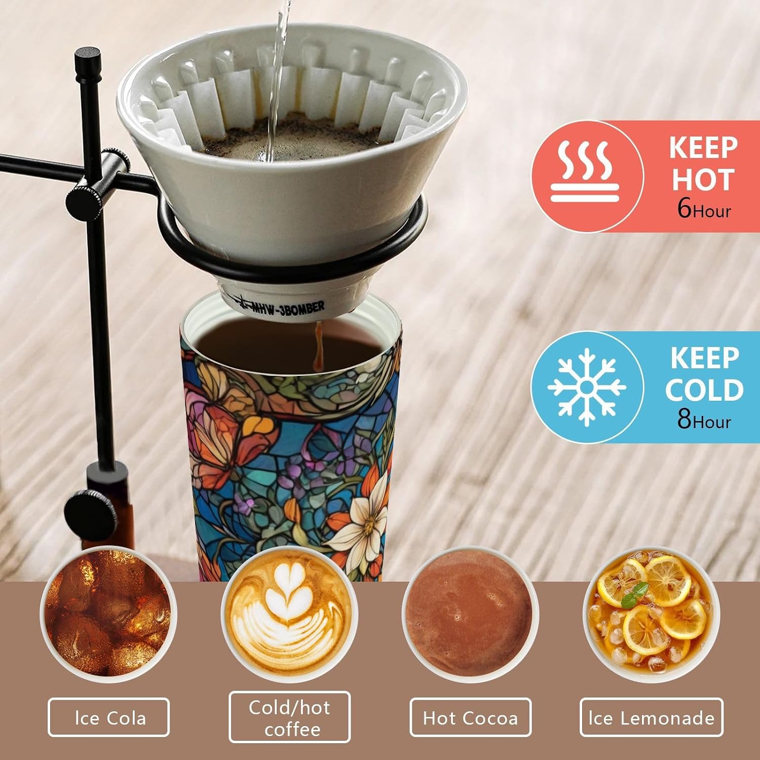 Stained Glass Garden Insulated Coffee Mug with Straw & Flip Lid, 16.9oz Iced Tumbler Cup, Double Wall Vacuum Leak-Proof Mug for Travel Office