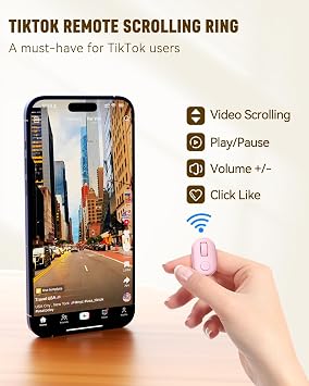 Tiktok Scrolling Ring, Bluetooth Finger Scroller Remote for Tik Tok, Page Turner for iPhone iPad & Android Tablet Ebook Reading, Remote Control Camera Video Recording for iPhone Android -Pink