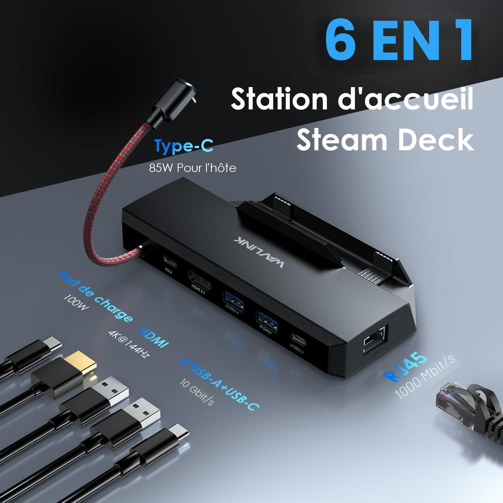 WAVLINK Steam Deck Dock, Station d'accueil 6-in-1 pour Steam Deck/ROG Ally avec HDMI 2.1 4K@144Hz, 100W PD in, 3X 10G USB 3.2, Gigabit RJ45