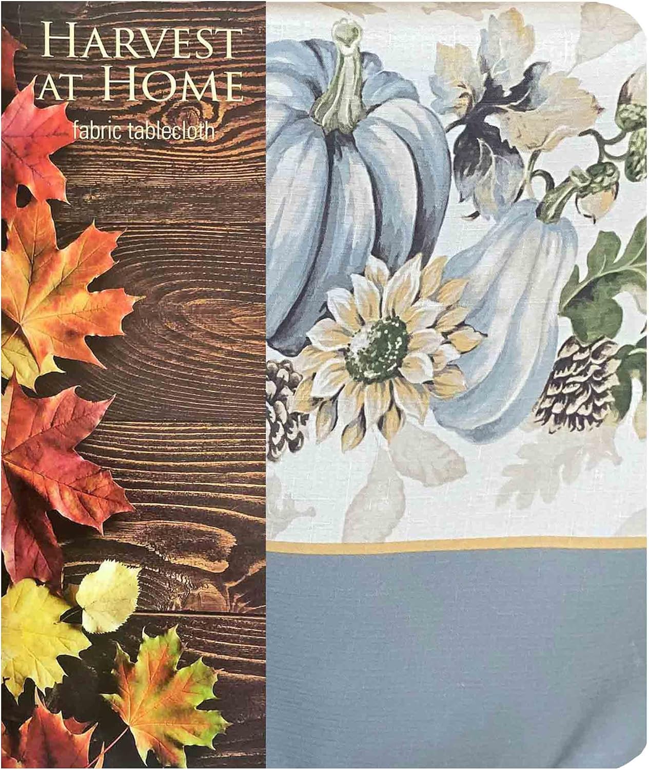 Newbridge Blue Pumpkin Farmhouse Harvest Bordered Thanksgiving Fabric Tablecloth, Stonewashed Fall Pumpkin and Sunflower Cottage Print Easy Care Tablecloth, 60” x 102” Oblong/Rectangle